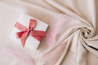 白色礼物盒子粉红色的丝带白色丝绸纹理背景色彩斑斓的鸟羽毛假期概念