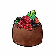 插图彩色的画轮蛋糕完全覆盖棕色（的）巧克力装饰草莓树莓蓝莓醋栗白色孤立的背景