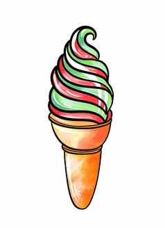 插图彩色的画糖果绿红冰奶油螺旋华夫格锥白色孤立的背景