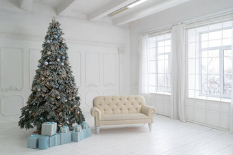一年工作室室内圣诞节树装饰气球圣诞节礼物白色沙发站窗口圣诞节树高质量照片