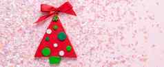 古董橡皮泥粘土圣诞节树粉红色的闪闪发光的背景最小的圣诞节概念快乐一年平躺前视图复制空间