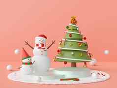 圣诞节场景讲台上雪人圣诞节树粉红色的背景呈现