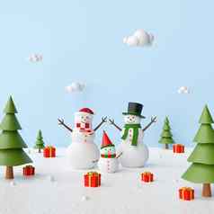 快乐圣诞节雪人松森林圣诞节礼物呈现