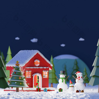 快乐圣诞节快乐一年景观雪人玩雪红色的房子松森林午夜复制空间呈现