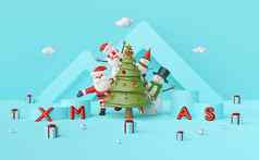 快乐圣诞节快乐一年圣诞老人老人雪人圣诞节树讲台上蓝色的背景呈现
