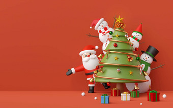 快乐圣诞节快乐一年圣诞老人老人雪人圣诞节聚会，派对圣诞节树饰品红色的复制空间背景呈现