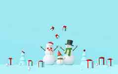 快乐圣诞节快乐一年场景雪人庆祝圣诞节礼物蓝色的背景呈现