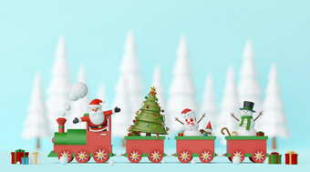 快乐圣诞节快乐一年圣诞<strong>老人老人雪人</strong>圣诞节火车礼物松森林蓝色的背景呈现