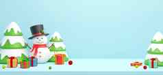 圣诞节横幅明信片场景雪人圣诞节树礼物插图