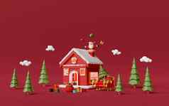 快乐圣诞节快乐一年红色的房子松森林圣诞老人老人烟囱呈现