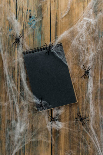 开放笔记本空白黑色的页面蜘蛛网络黑色的蜘蛛木背景前视图复制空间文本