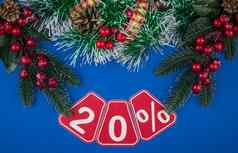 大销售二十百分比圣诞节花环黑暗蓝色的背景前视图复制空间平布局圣诞节大出售