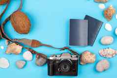 相机椰子贝壳文档蓝色的背景背景旅行者