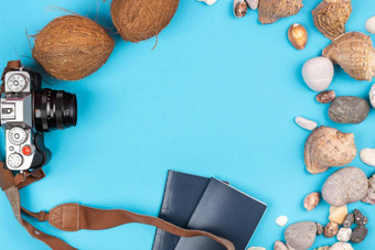 相机椰子贝壳文档蓝色的背景背景旅行者