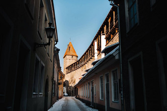 冬天视图<strong>小镇</strong>塔林白雪覆盖的城市波罗的海海爱沙尼亚