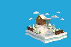 插画家房子雪呈现低多边形几何lowpoly最小的风格艺术