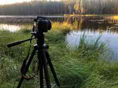 特写镜头绿色草背景湖相机背景三脚架电影粮食效果