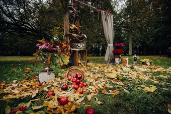 秋天婚礼仪式街绿色草坪上装饰拱门新鲜的花仪式