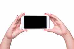 女手持有水平黑色的智能手机空白屏幕孤立的白色背景