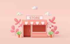 最小的方便商店建筑粉红色的背景插图