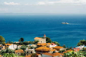 视图高度教堂岛扎金索斯岛距离渡船帆爱奥尼亚海岛扎金索斯岛希腊