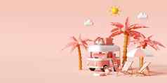 夏天假期概念旅行海滩的携带旅行配件停车海滩粉红色的背景插图