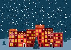 冬天圣诞节一年小镇复古的风格向量插图