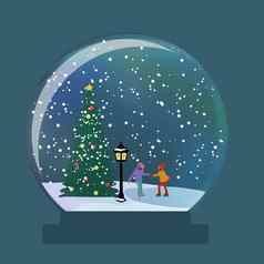 雪玻璃全球孩子们滑冰冬天圣诞节一年礼物向量插图