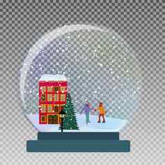 雪玻璃全球孩子们滑冰冬天圣诞节一年礼物向量插图