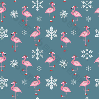 可爱的粉红色的<strong>火烈鸟</strong>一年圣诞节无缝的模式背景向量插图