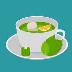 杯绿色薄荷茶柠檬平设计向量插图