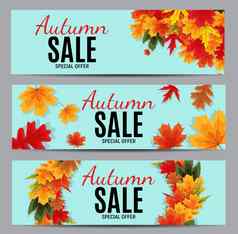 闪亮的秋天叶子出售横幅业务折扣卡模板集合集向量插图