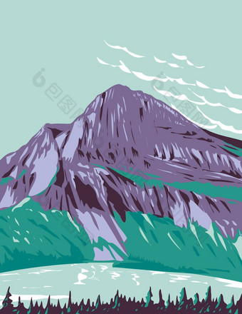 隐藏的湖bearhat山背景位于冰川国家公园蒙大拿美国水渍险海报艺术