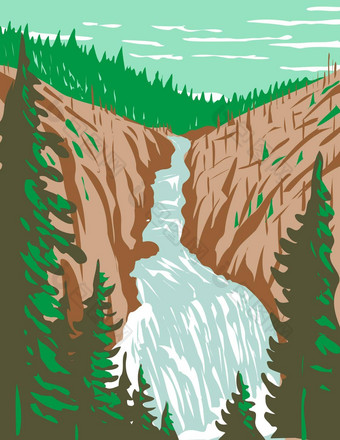 开普勒级联瀑布firehole河西南黄石公园国家公园怀俄明美国水渍险海报艺术
