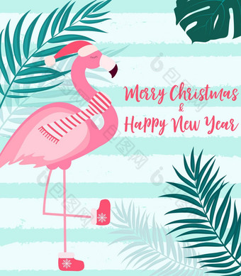 可爱的粉红色的<strong>火烈鸟</strong>一年圣诞节背景向量插图