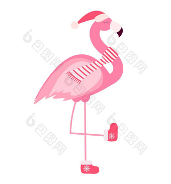 可爱的粉红色的火烈鸟一年圣诞节背景向量插图