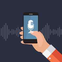 手移动电话麦克风按钮聪明的技术平风格个人助理的声音识别概念向量插图