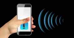 手移动电话麦克风按钮聪明的技术平风格个人助理的声音识别概念向量插图