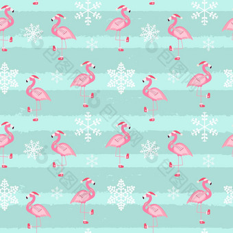 可爱的粉红色的火烈鸟一年圣诞节无缝的模式背景向量插图