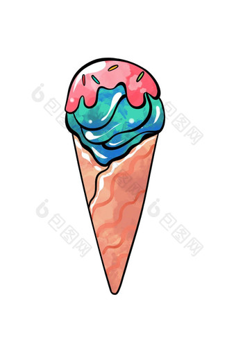插图彩色的画糖果蓝色的冰奶油华夫格锥超过粉红色的糖浆白色孤立的背景