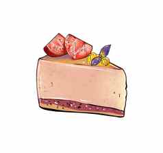 llustration彩色的画糖果一块蛋糕摩丝层粉红色的前层装饰半草莓白色孤立的背景