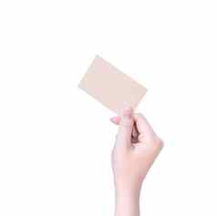 年轻的亚洲清洁女孩手持有空白卡夫棕色（的）纸卡模板孤立的白色背景剪裁路径关闭模拟减少