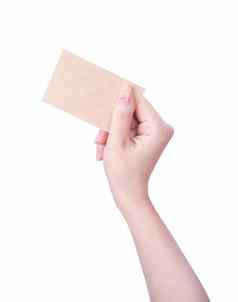 年轻的亚洲清洁女孩手持有空白卡夫棕色（的）纸卡模板孤立的白色背景剪裁路径关闭模拟减少
