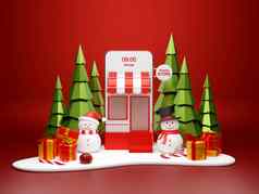 圣诞节横幅圣诞节购物在线智能手机概念智能手机雪人礼物盒子雪地面插图