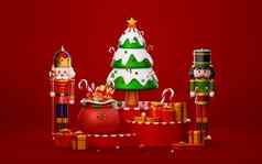 胡桃夹子站圣诞节树礼物讲台上插图