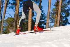 越野滑雪阳光明媚的冬天一天交叉国家滑雪特写镜头