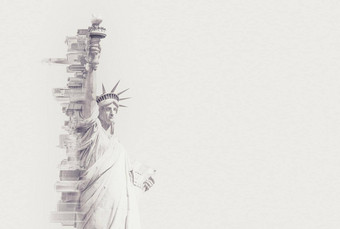 双曝光图像雕像自由纽约天际线应对空间健美的图像