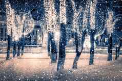 降雪冬天晚上公园圣诞节装饰灯人行道上覆盖雪树