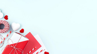 情人节一天母亲的一天艺术设计概念促销活动红色的白色包装礼物盒子孤立的柔和的光蓝色的颜色背景平躺前视图