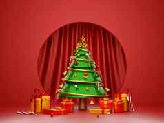 场景圣诞节树礼物盒子红色的窗帘背景